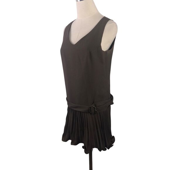 Vtg 70s Dress Brown Drop Waist Pleated Skirt Belted Retro Flapper Go Go - Picture 1 of 9